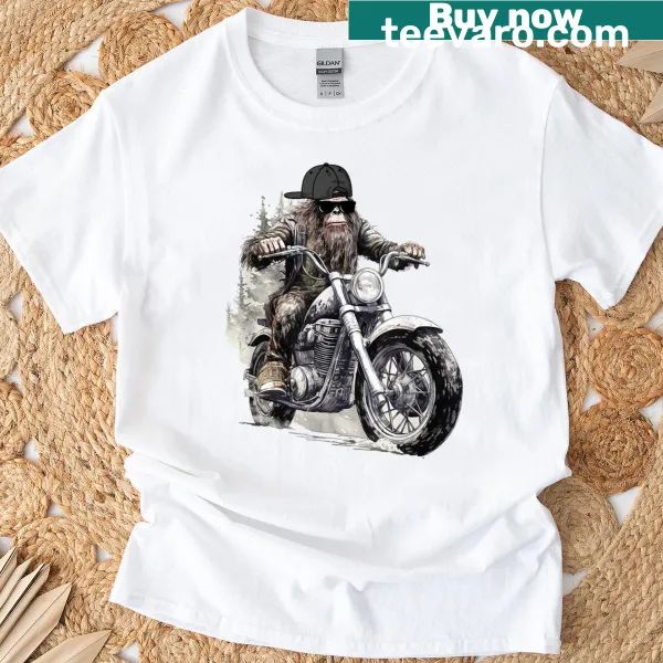 Illustrated t-shirt featuring Bigfoot riding a motorcycle