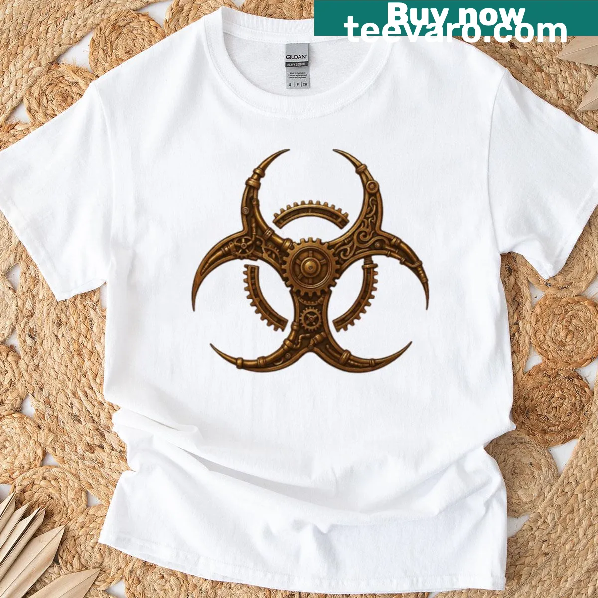 Steampunk biohazard design featuring gears and mechanical elements. — on a men's t-shirt