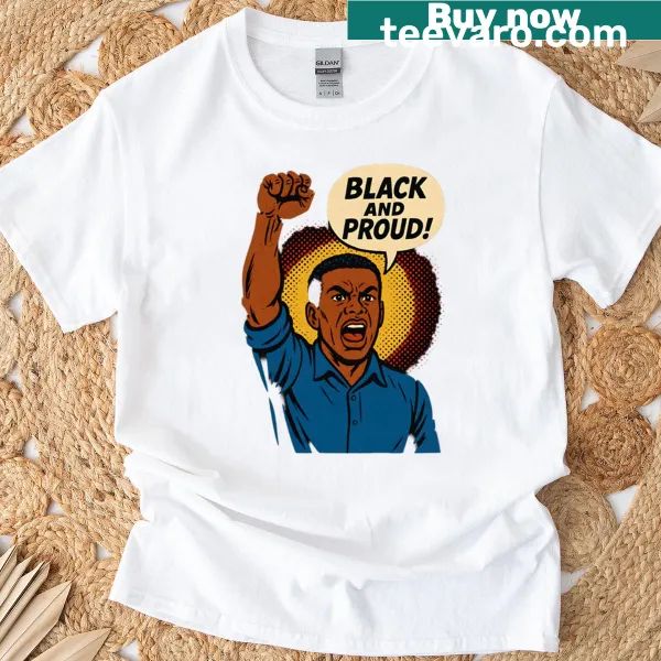 Quote bubble graphic stating Black and Proud on a T-shirt.