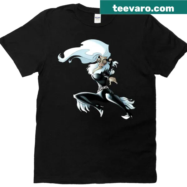 Cartoon illustration of a playful black cat on a T-shirt