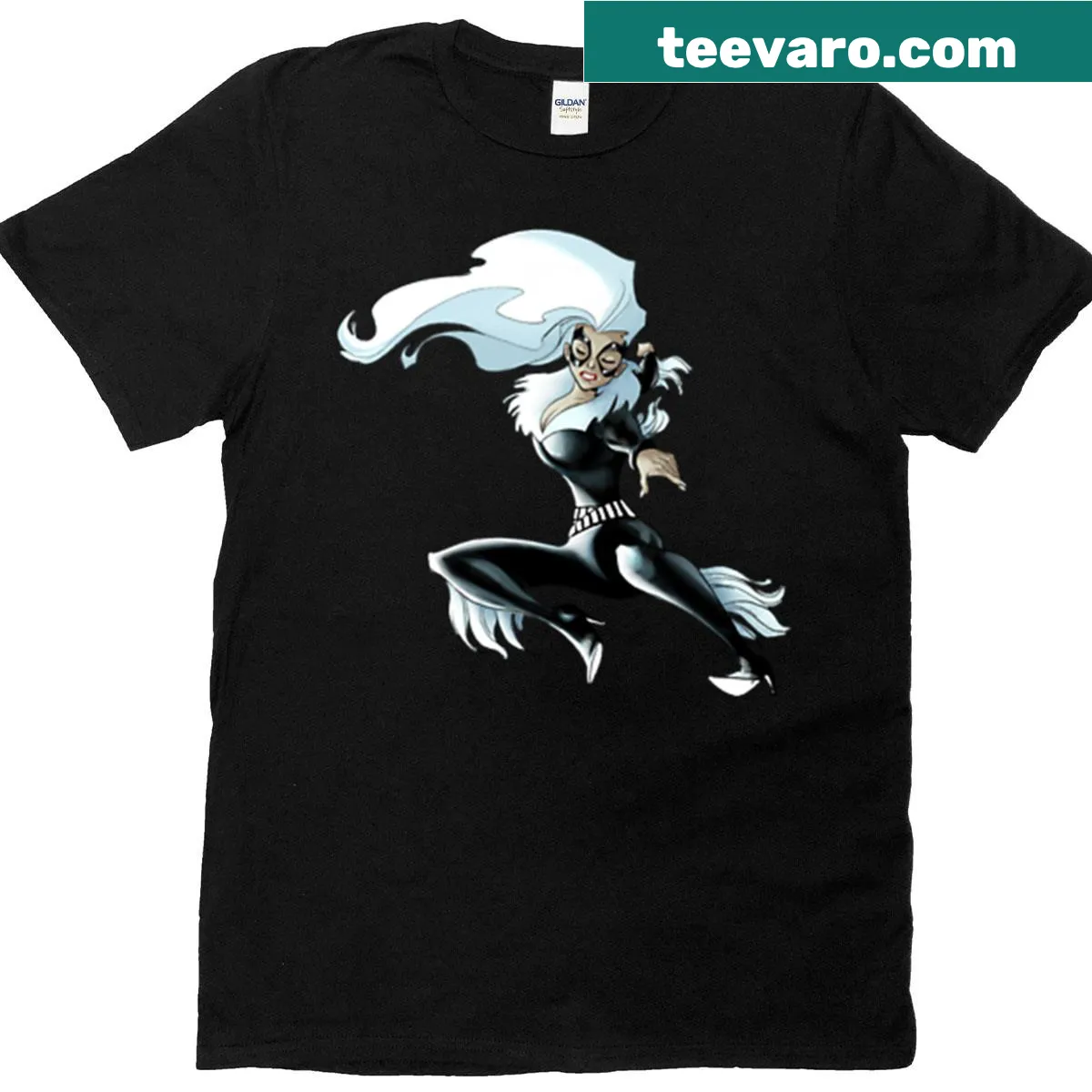 Cartoon illustration of a playful black cat on a T-shirt — on a men's t-shirt
