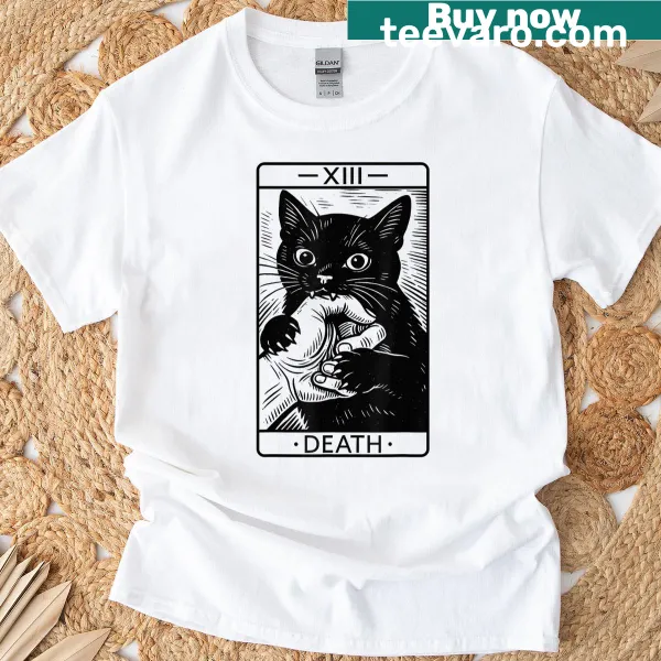 Funny black cat tarot card graphic on a T-shirt.