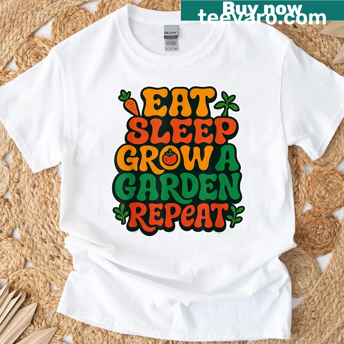 Playful t-shirt with the phrase: Eat Sleep Grow A Garden Repeat — on a men's t-shirt