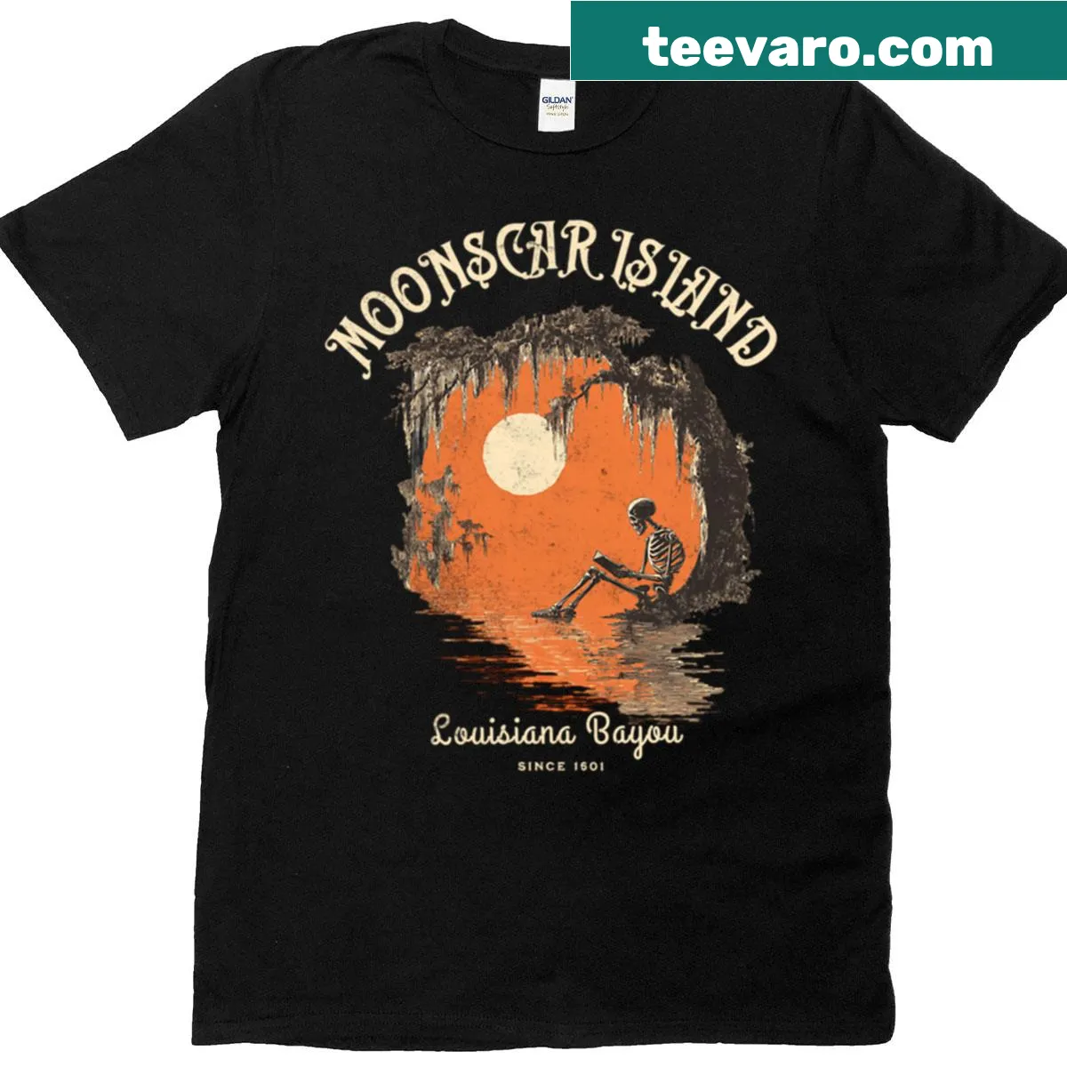 Cartoon skeleton reading on Moonscar Island T-shirt — on a men's t-shirt