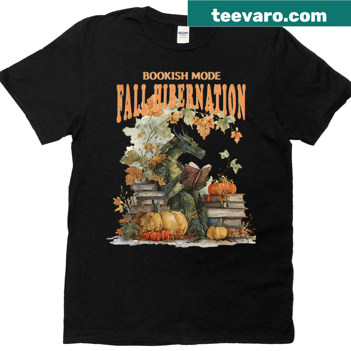 Illustration of a dragon reading books surrounded by autumn leaves — on a men's t-shirt