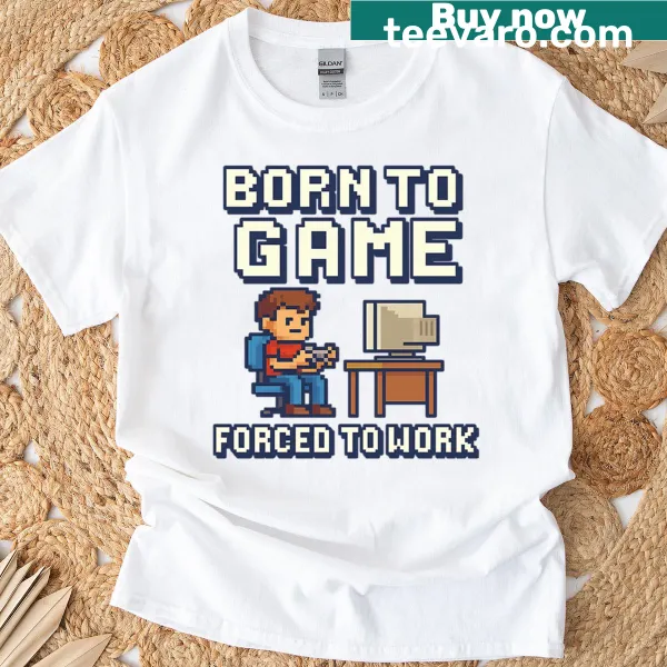 Retro pixel art t-shirt with gaming slogan about work