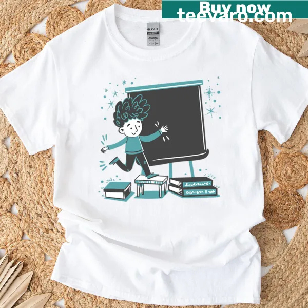 Illustrated t-shirt featuring a boy in front of a blackboard