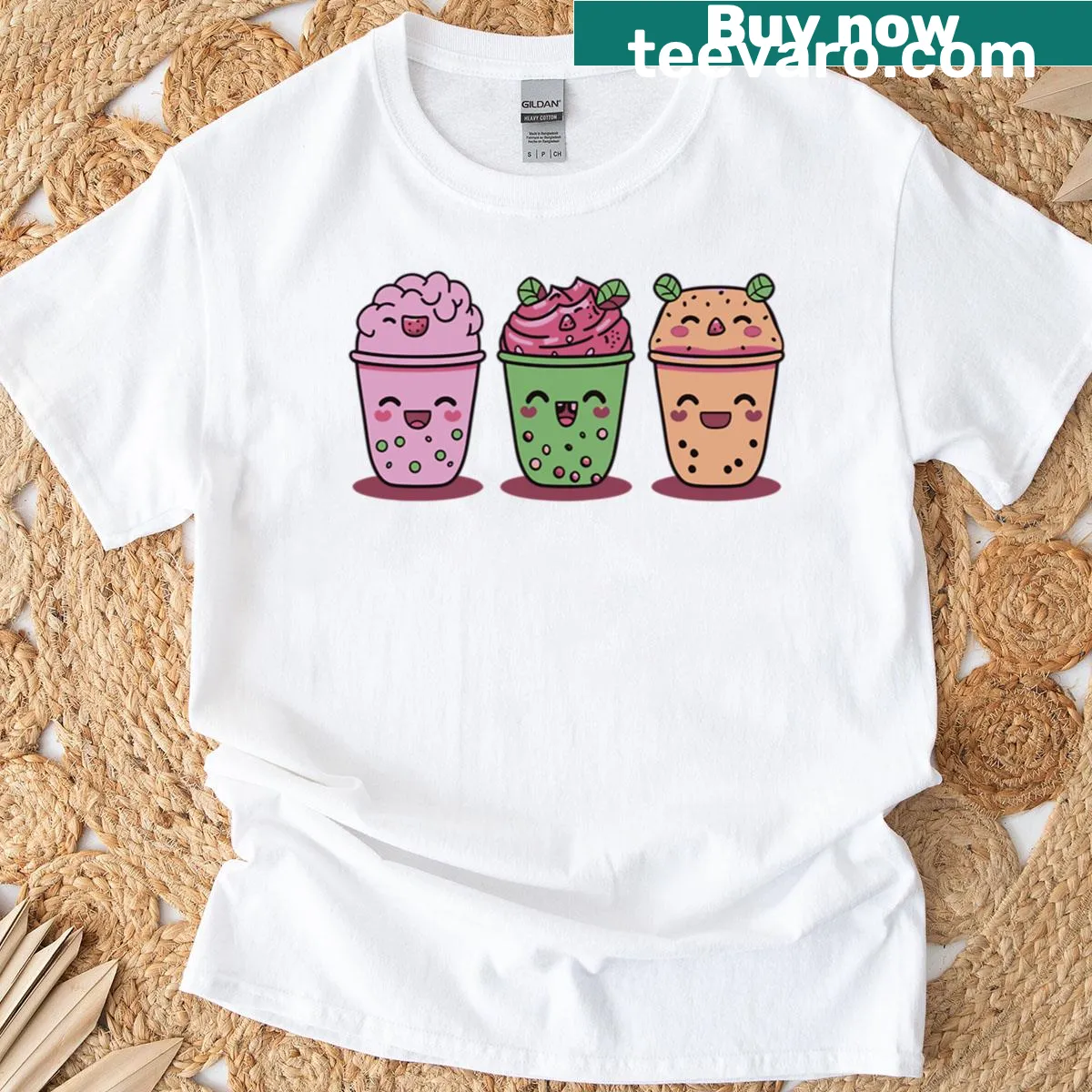 Cute t-shirt featuring kawaii bubble tea characters — on a men's t-shirt