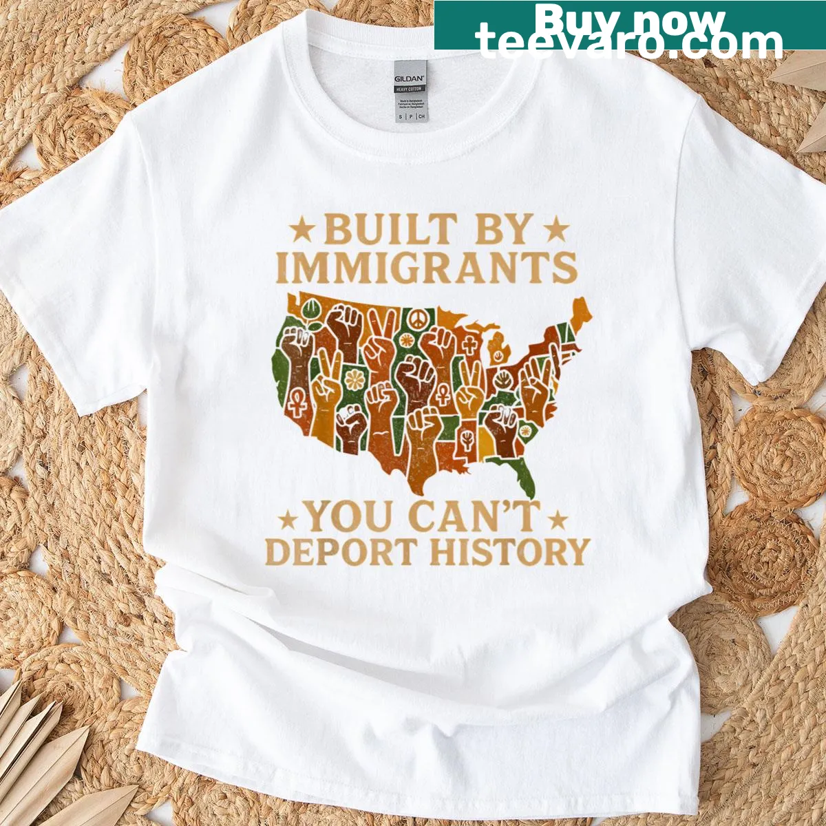 Vintage T-shirt featuring the text 'Built By Immigrants You Can't Deport History Abolish' — on a men's t-shirt