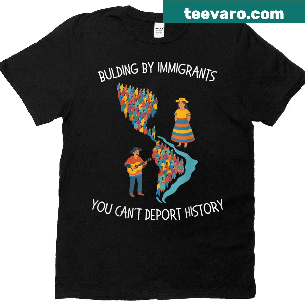 Strong pro-immigration message t-shirt with bold text. — on a men's t-shirt