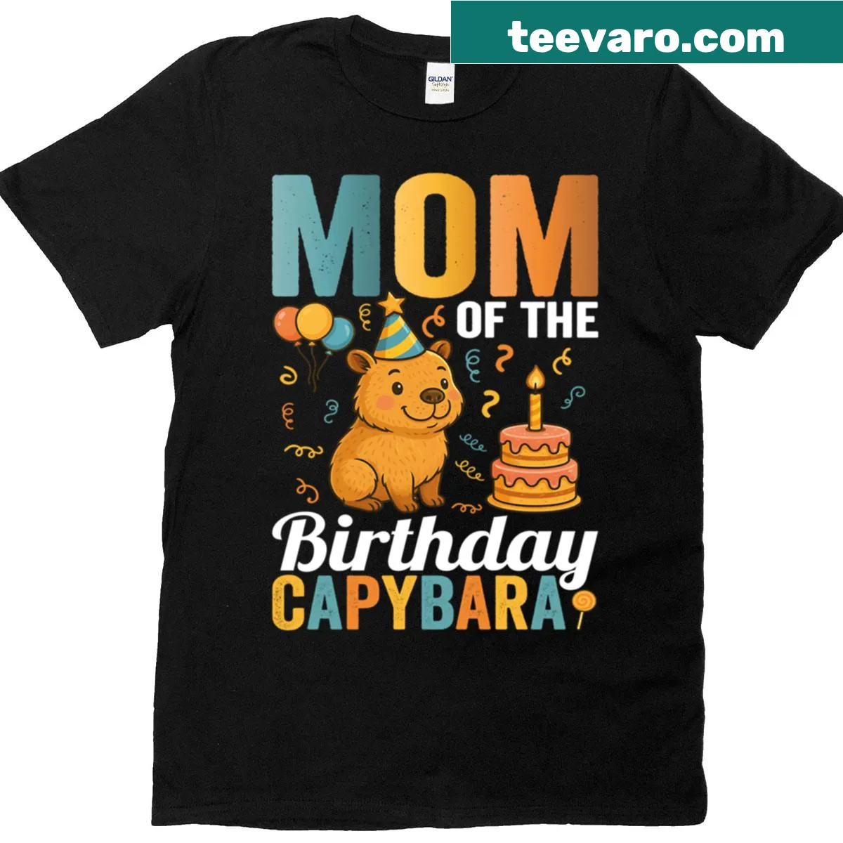 Whimsical t-shirt featuring a party capybara illustration for moms — on a men's t-shirt