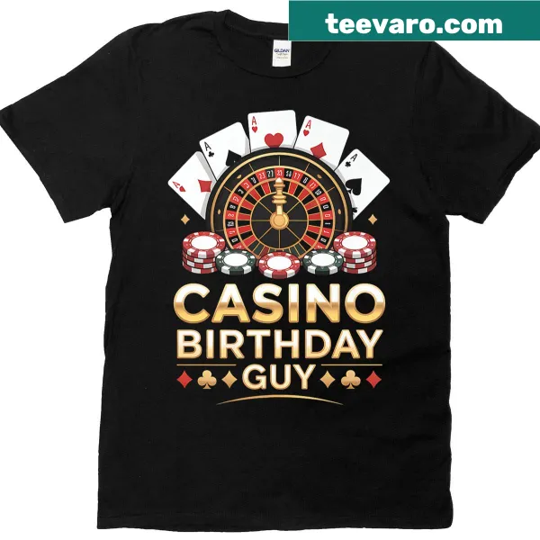 Humorous casino-themed birthday T-shirt with gaming illustrations