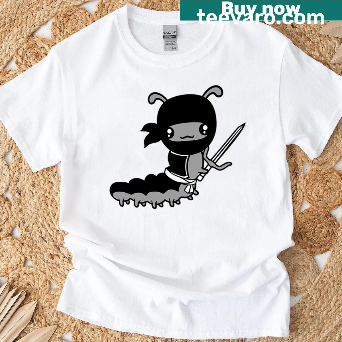 Cartoon ninja caterpillar T-shirt featuring a sword and costume — on a men's t-shirt