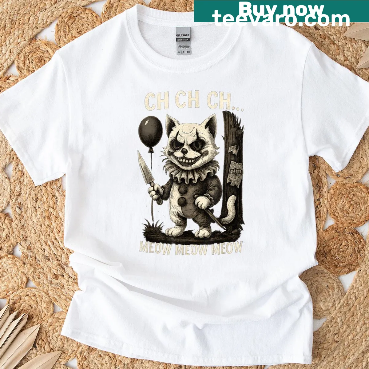 Whimsical horror-themed cat t-shirt with playful text design — on a men's t-shirt