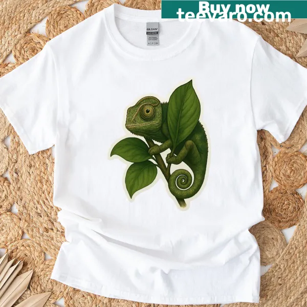 Illustrated T-shirt featuring a chameleon hidden among leaves