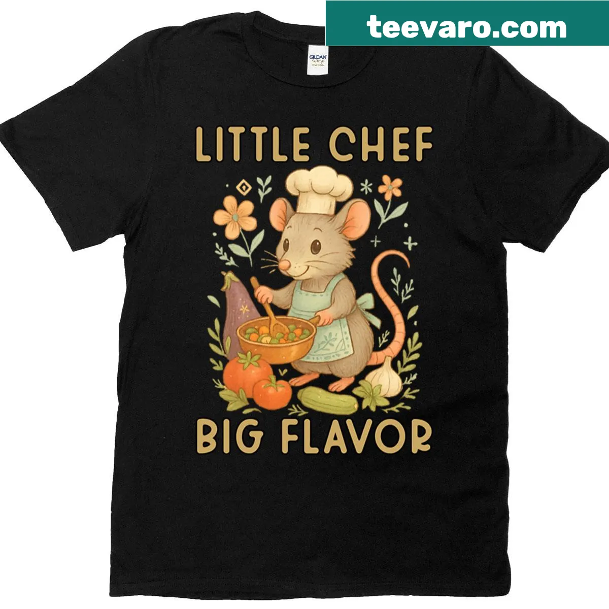 Cartoon illustration of a chef rat cooking veggies on a T-shirt — on a men's t-shirt