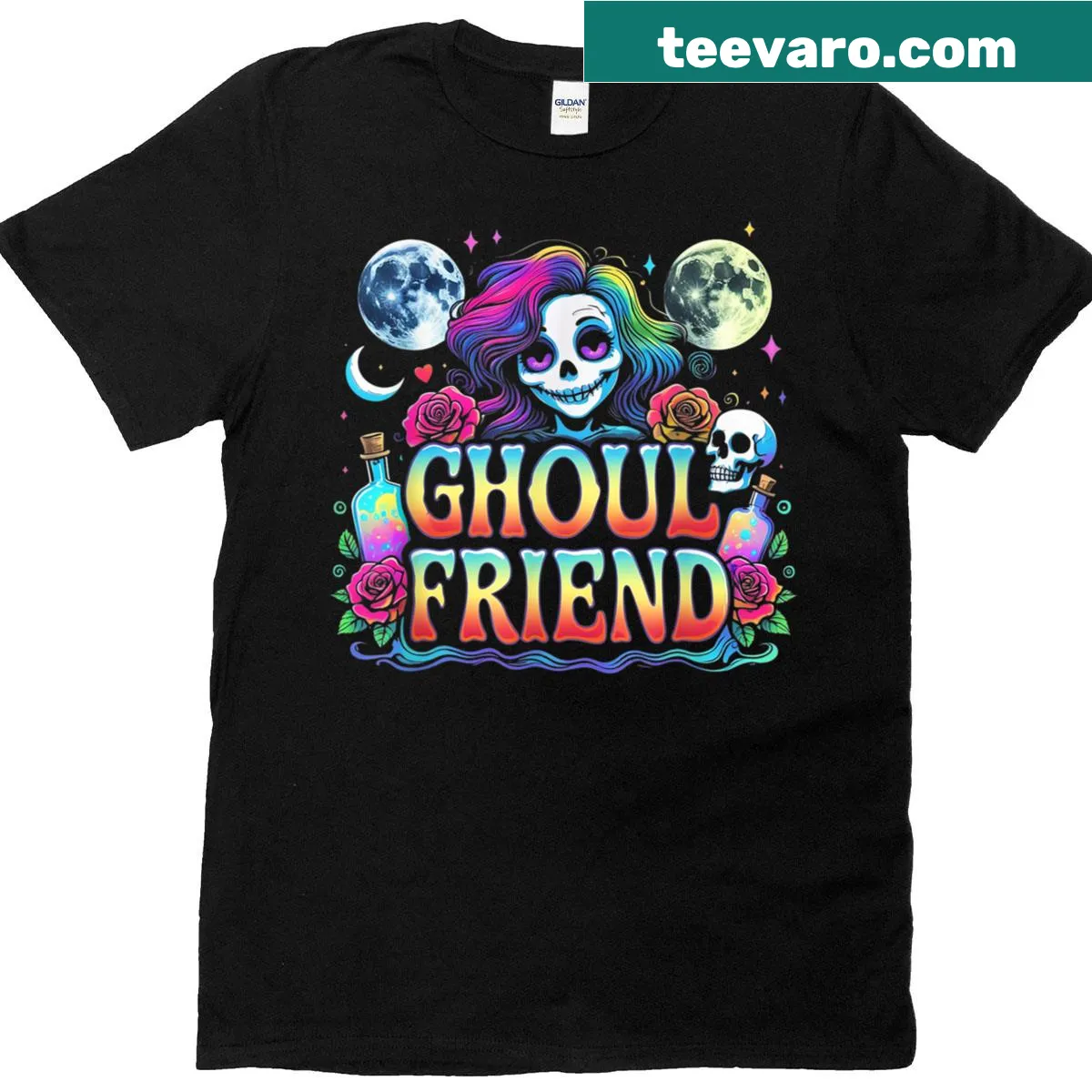Kawaii style skeleton ghoulfriend graphic for Halloween — on a men's t-shirt