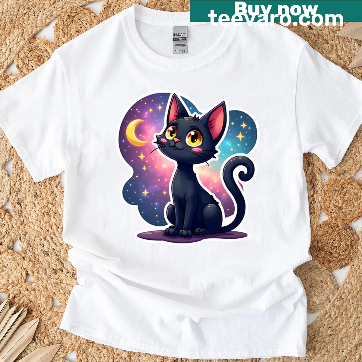 Cute black cat gazing at stars on a T-shirt — on a men's t-shirt