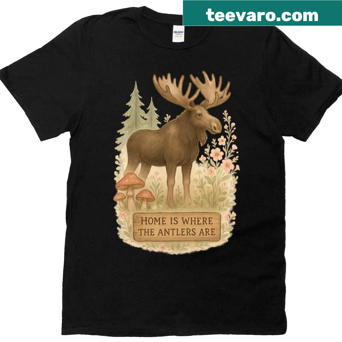 Moose illustration with text 'Home Is Where The Antlers Are' — on a men's t-shirt