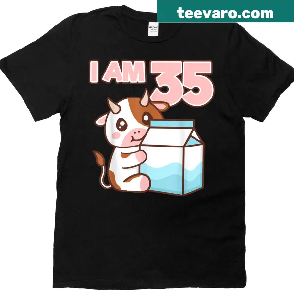 Cheerful cartoon cow for 35th birthday party T-shirt with barn theme