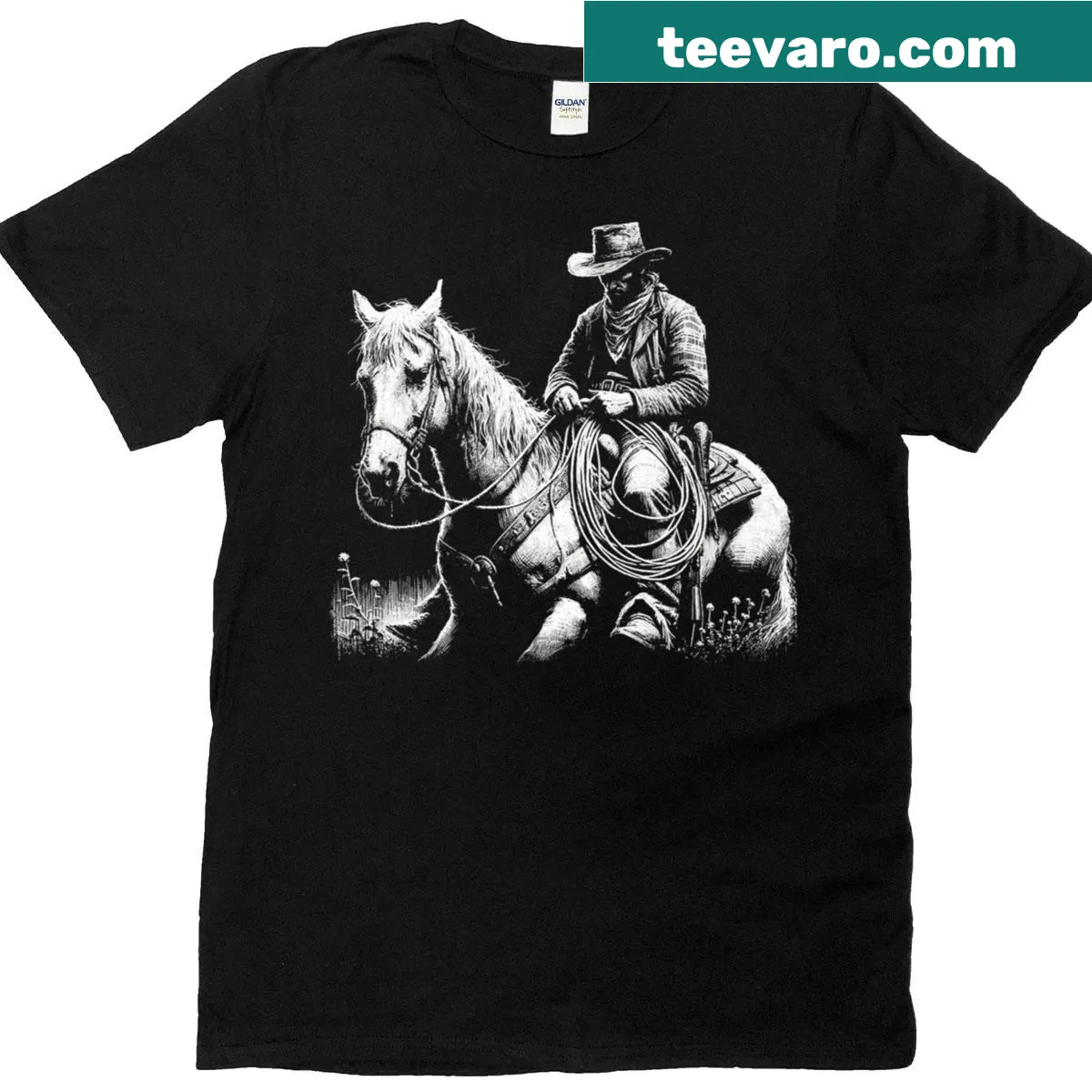 Cowboy riding a horse design in Western style — on a men's t-shirt
