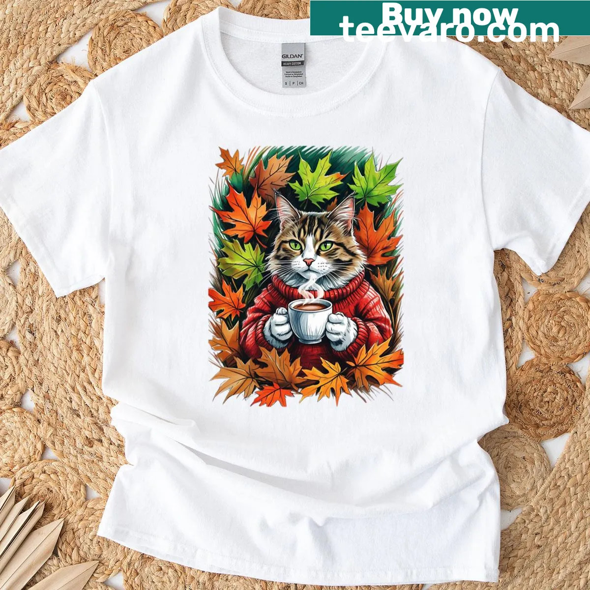 Kawaii autumn cat in blanket graphic T-shirt for cat lovers — on a men's t-shirt