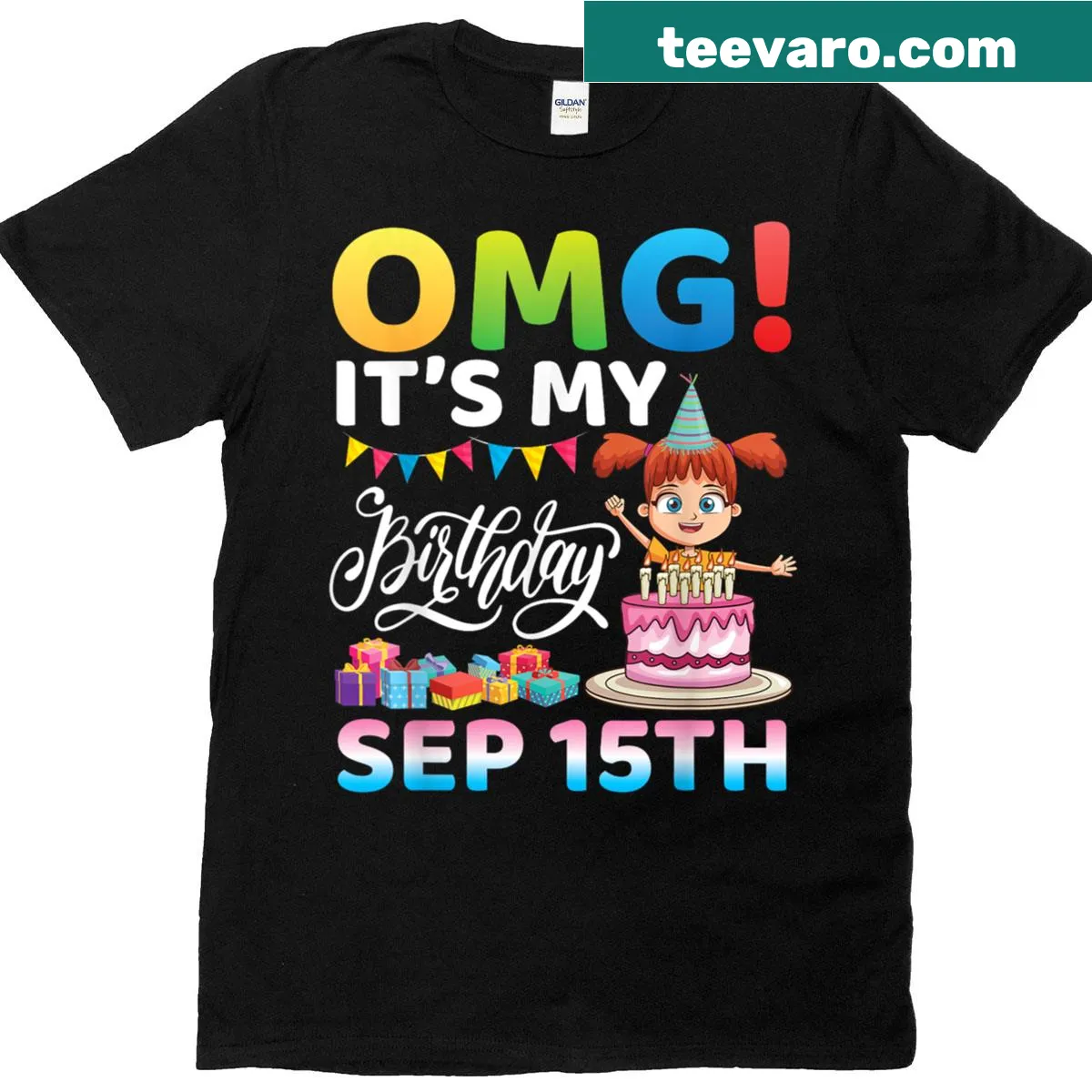 Cute birthday girl graphic holding a cake — on a men's t-shirt