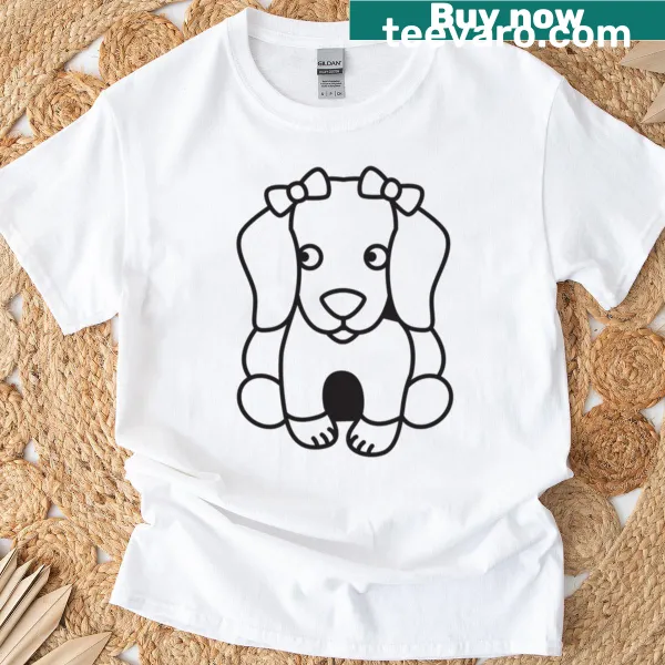 Girly dog illustration with a bow on a minimal T-shirt