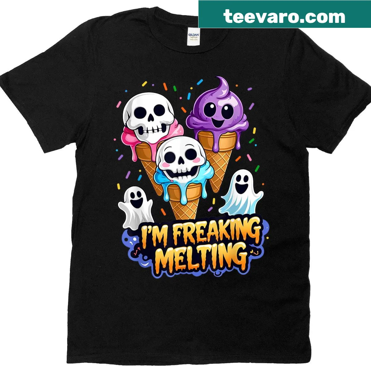 Cartoon melting skull ice cream graphic on a Halloween t-shirt — on a men's t-shirt