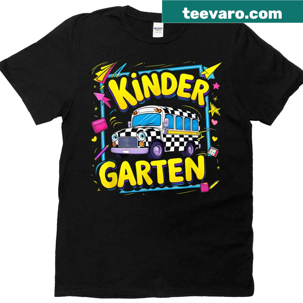 Illustration of a school bus filled with kids on a t-shirt — on a men's t-shirt