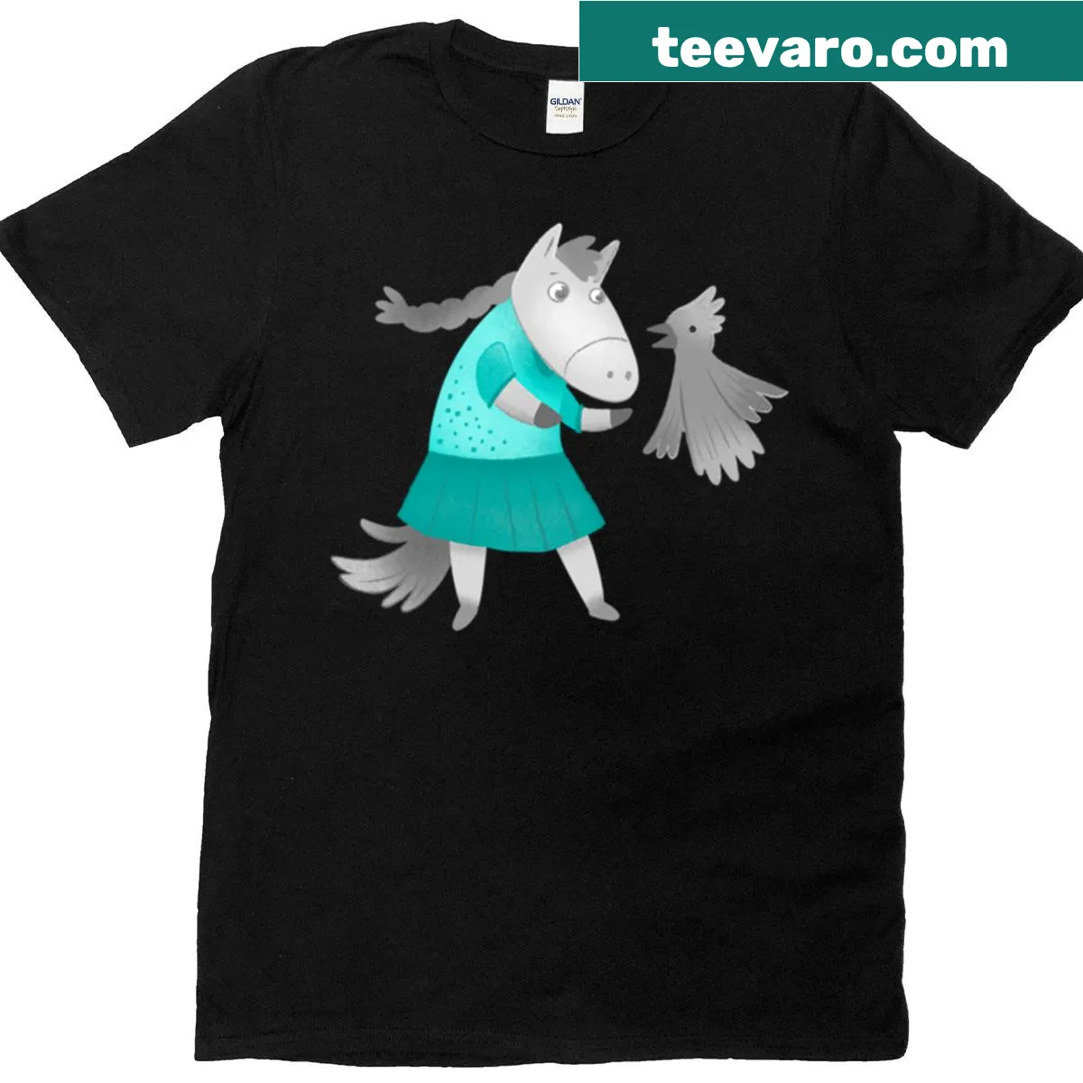 Illustration of a horse in a dress with a bird on a t-shirt — on a men's t-shirt