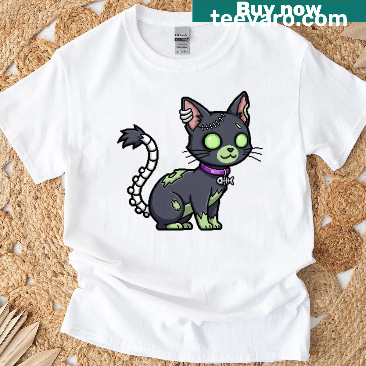 Funny black cat zombie pixel art on a T-shirt — on a men's t-shirt