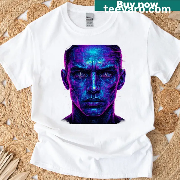 Cyberpunk digital art portrait on a futuristic T-shirt