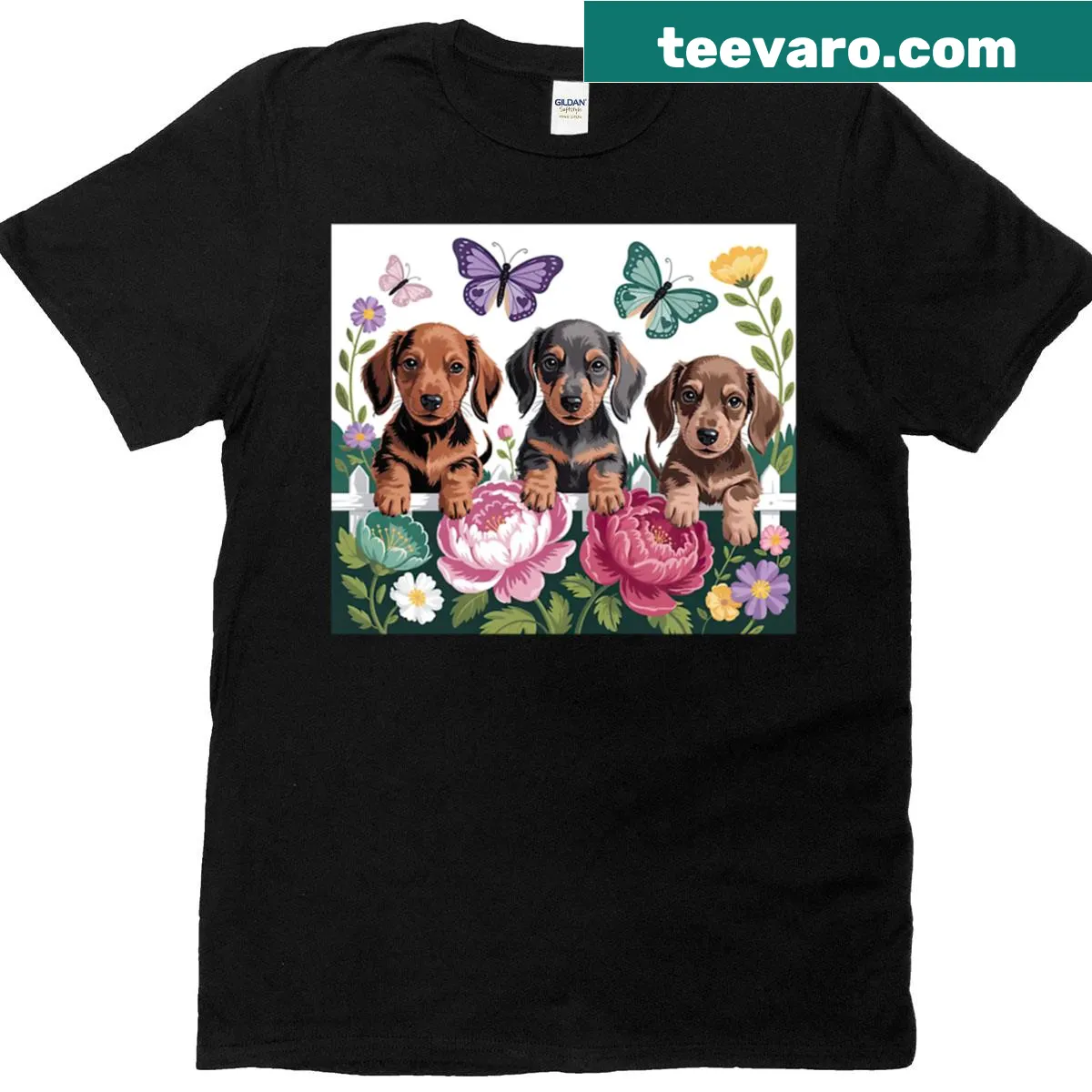 Three dachshunds in a garden graphic t-shirt — on a men's t-shirt