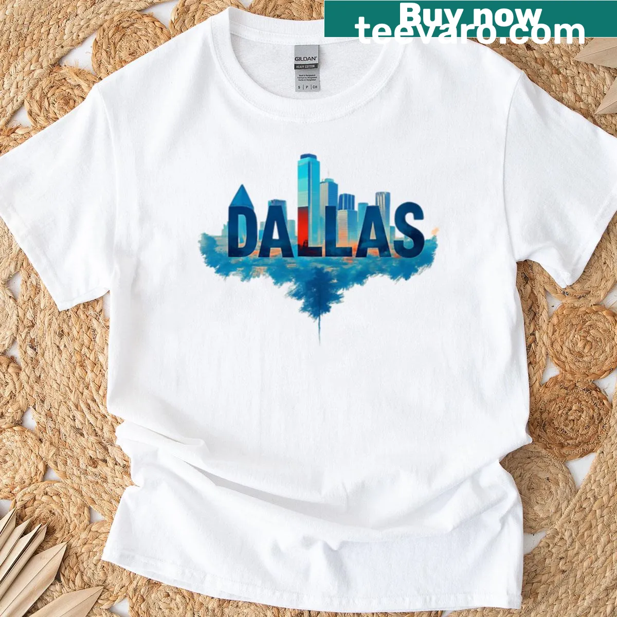 Dallas skyline illustrated T-shirt with bold text — on a men's t-shirt