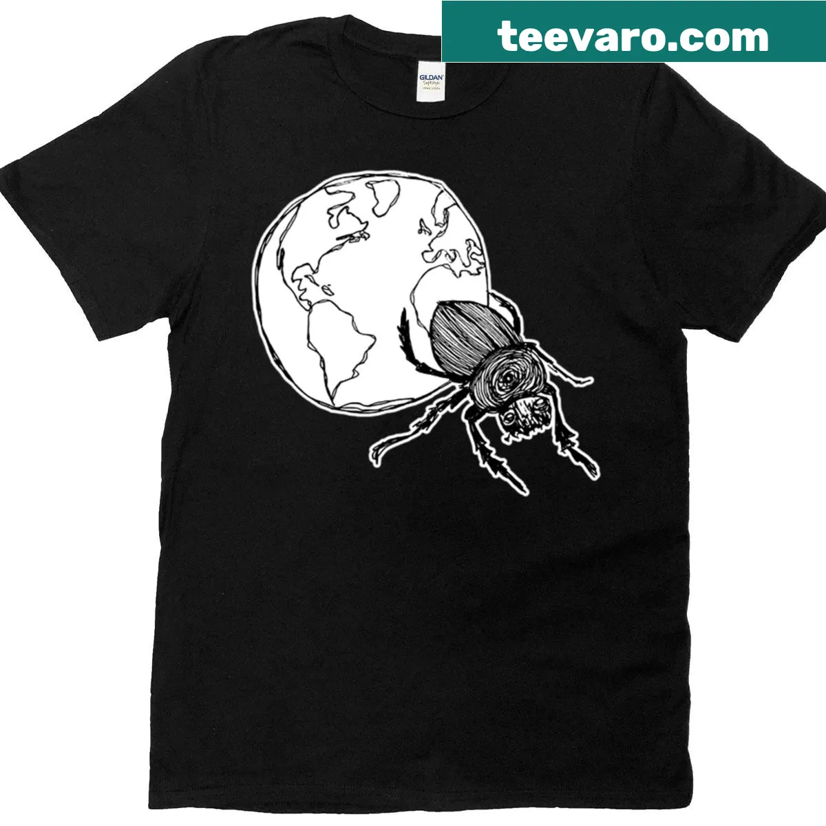 Graphic of a dung beetle rolling the earth representing Sisyphus — on a men's t-shirt