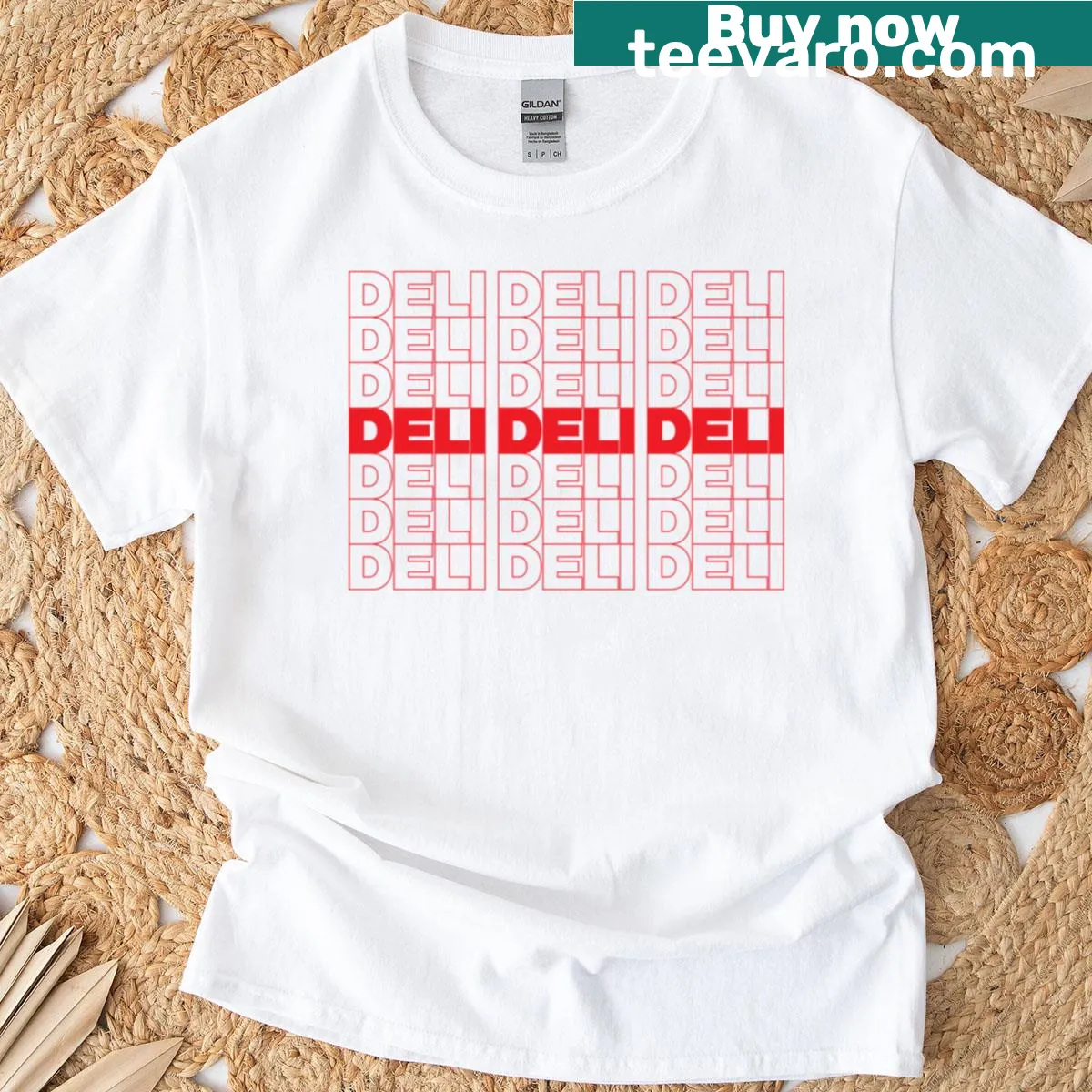 Funny Deli Deli Deli T-shirt with playful typography — on a men's t-shirt