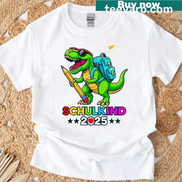 Cute dinosaur illustrations on a T-shirt for kids entering school.