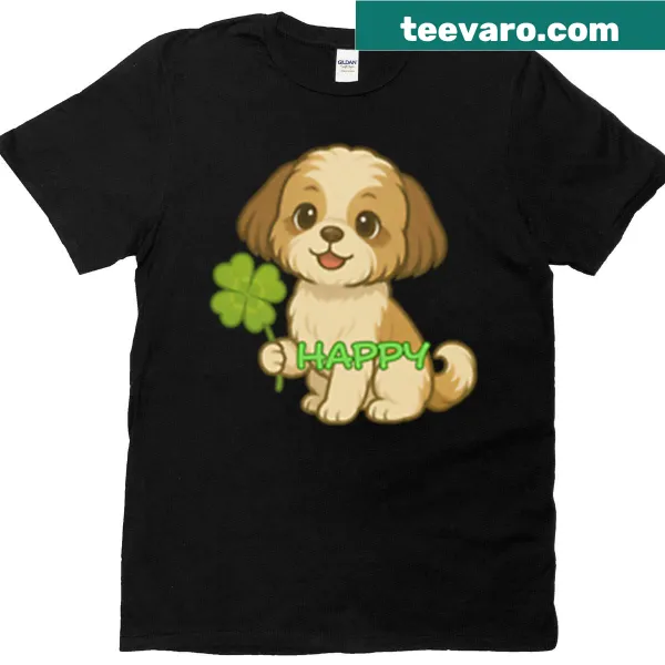 Happy Shih Tzu illustration T-shirt with clovers