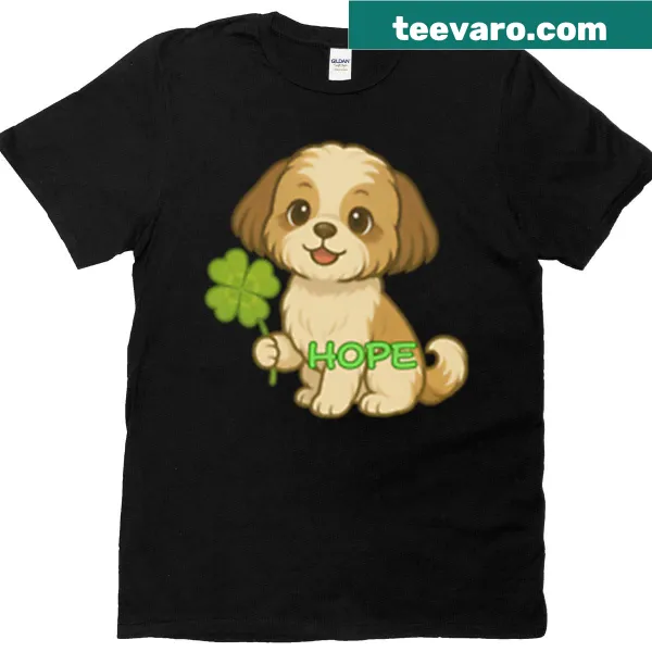 Hopeful Shih Tzu illustration T-shirt with clovers