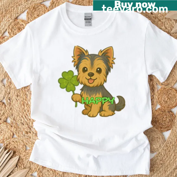 Illustration of a happy Yorkshire dog with a clover design on a T-shirt