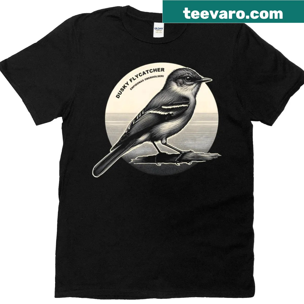 Kids T-shirt showcasing a cute Dusky Flycatcher bird illustration — on a men's t-shirt