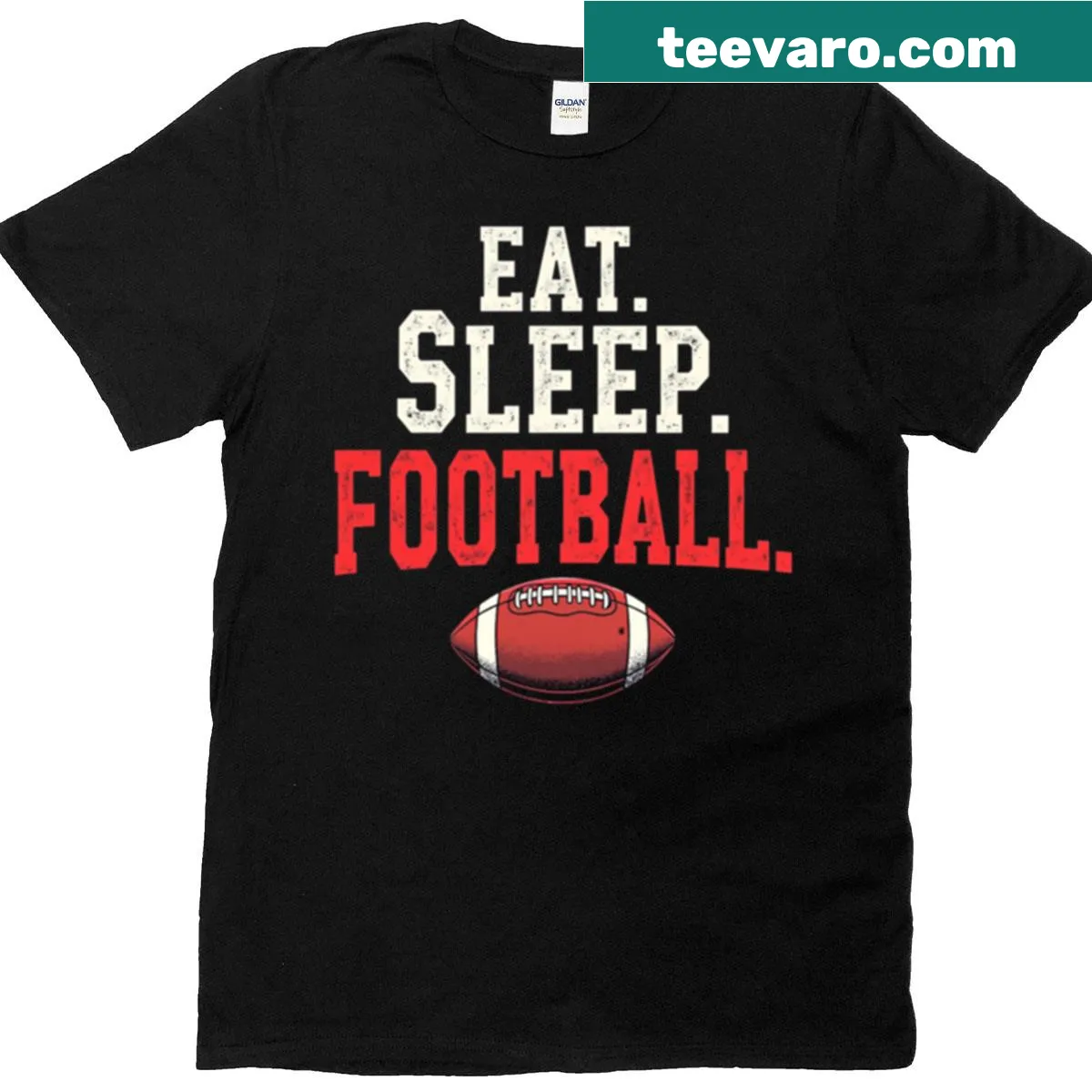 Playful typography T-shirt with the phrase Eat Sleep Football — on a men's t-shirt