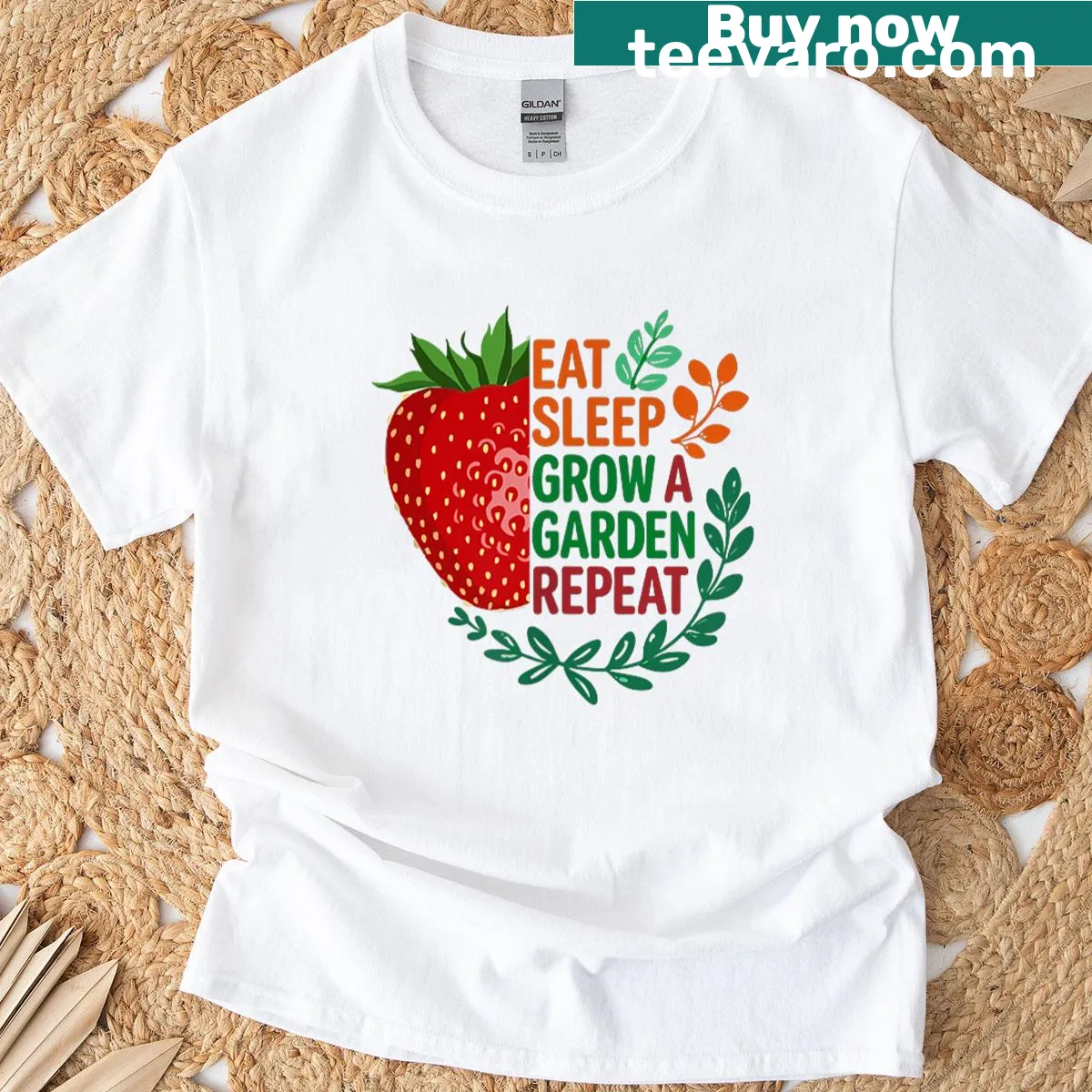 Funny gardening-themed t-shirt with Eat Sleep Garden Repeat text — on a men's t-shirt