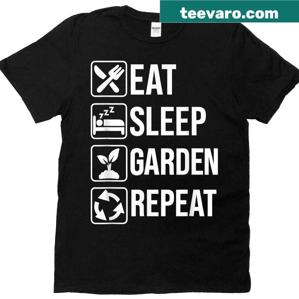 Gardening themed T-shirt with Eat Sleep Garden Repeat text — on a men's t-shirt