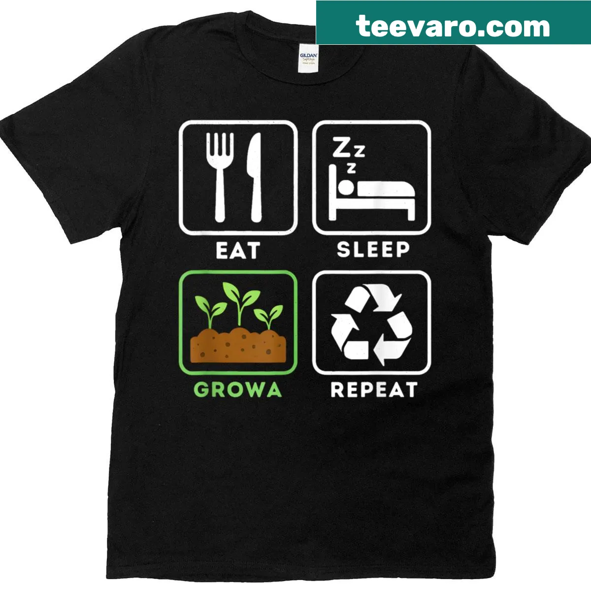 Funny gardening T-shirt with the phrase Eat Sleep Grow A Garden Repeat — on a men's t-shirt