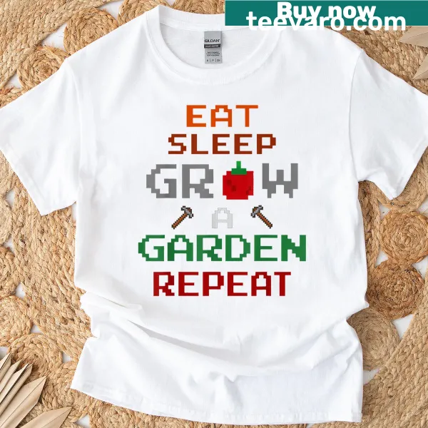 Funny gamer gardening T-shirt with Eat Sleep Grow A Garden Repeat text