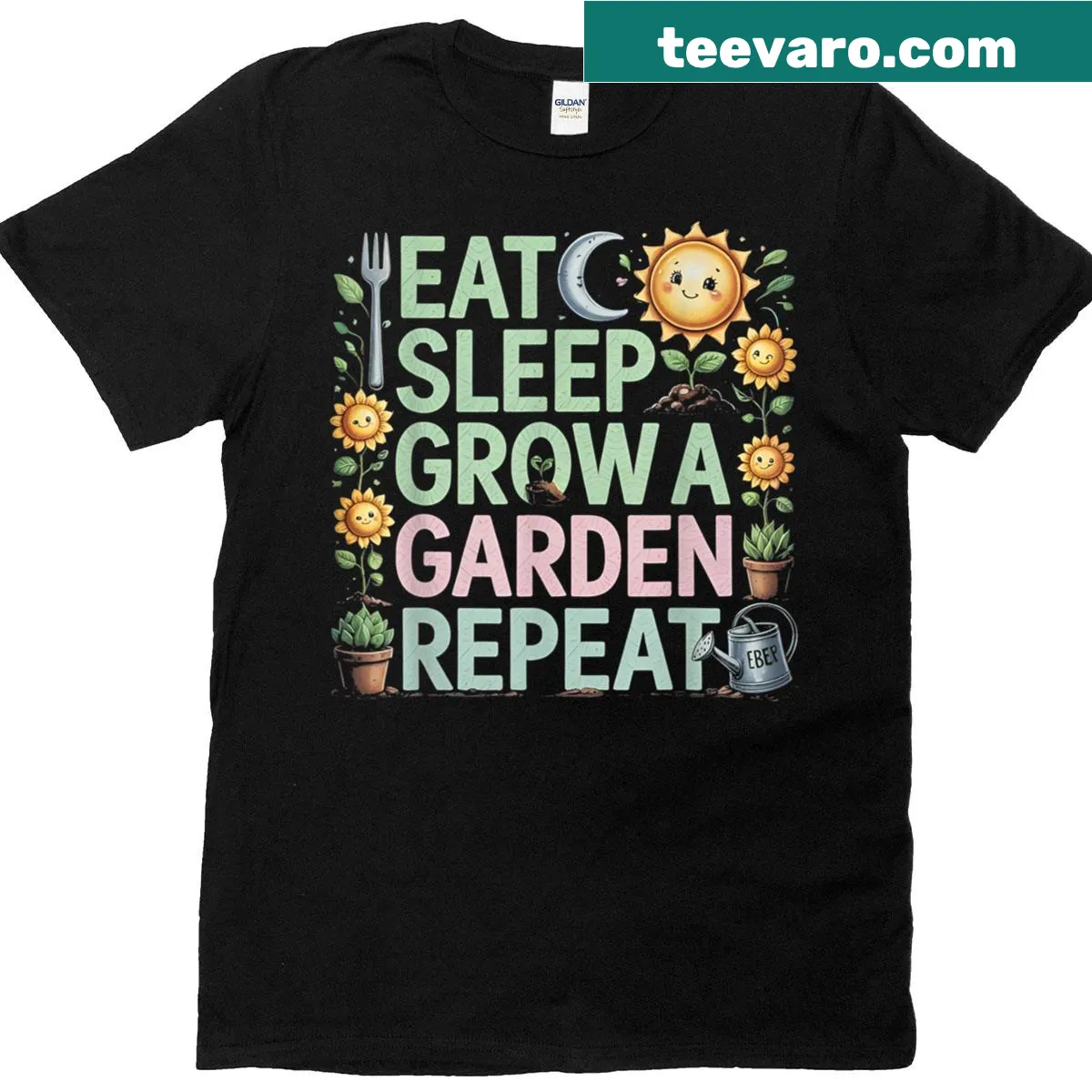 Gaming-themed shirt with 'Eat Sleep Grow A Garden Repeat' design — on a men's t-shirt