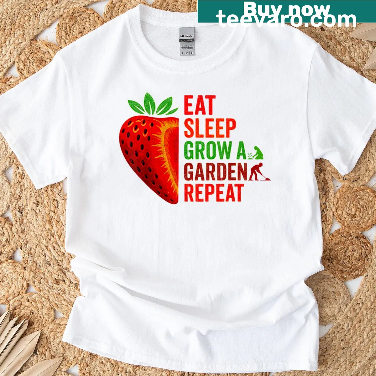 T-shirt with 'Eat Sleep Grow A Garden Repeat' phrase in a cheerful font — on a men's t-shirt