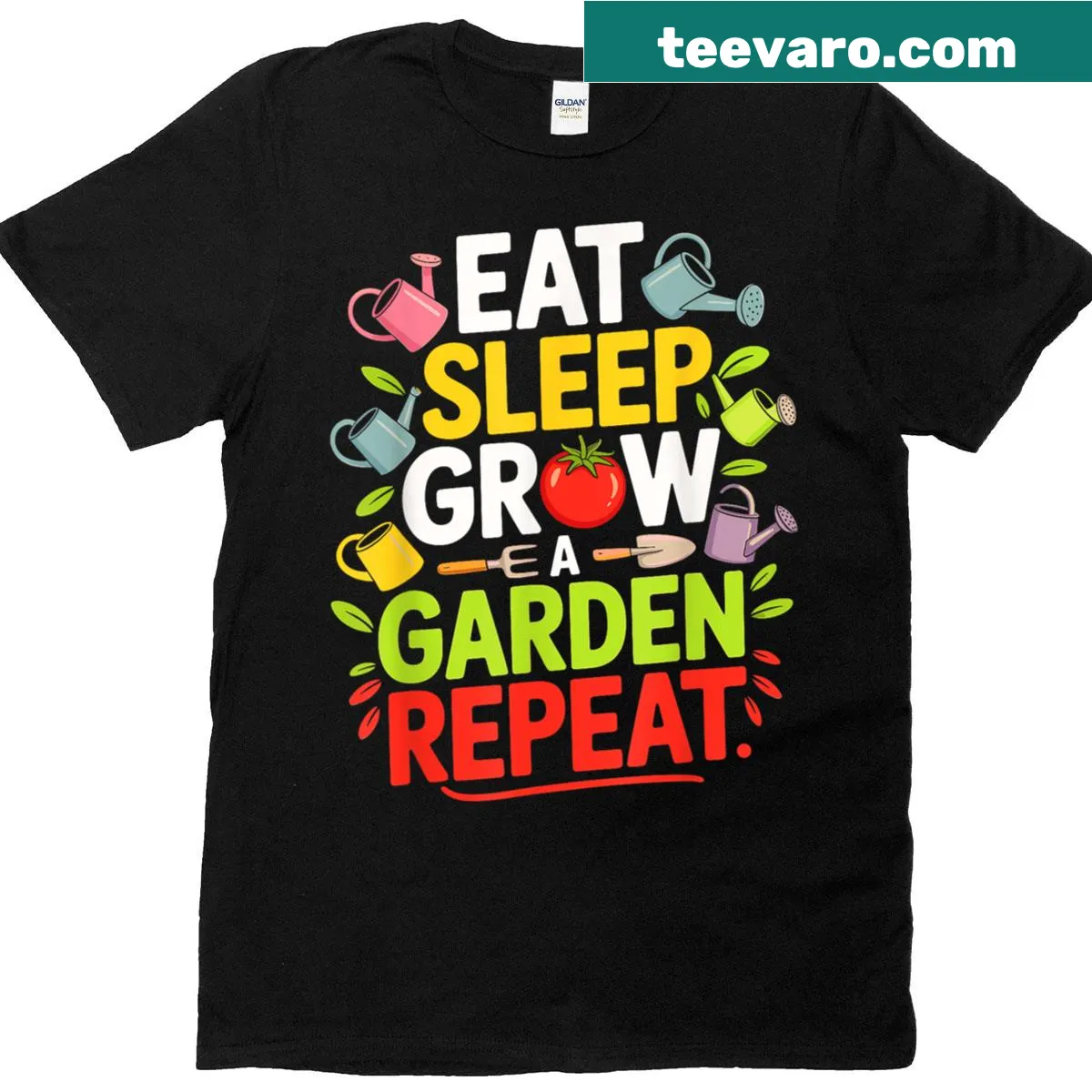 Urban plant lover T-shirt with 'Eat Sleep Grow A Garden Repeat' design — on a men's t-shirt